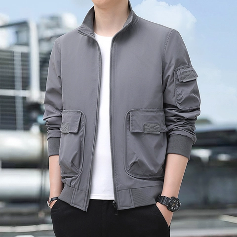 Men's Urban Outdoor Stand Collar Multi-Pocket Jacket Windproof Polyester Loose Casual Workwear Spring Autumn Bomber Coat