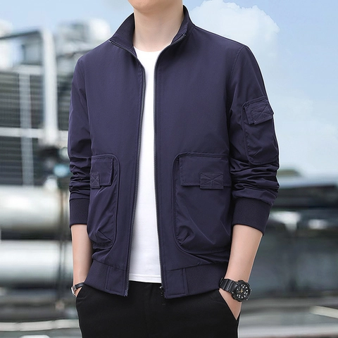 Men's Urban Outdoor Stand Collar Multi-Pocket Jacket Windproof Polyester Loose Casual Workwear Spring Autumn Bomber Coat
