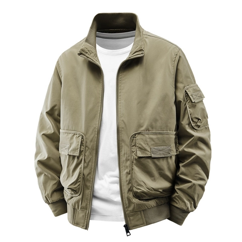 Chaqueta Bomber Casual para Hombre Cuello Alto Color Sólido Multi Bolsillos Cortavientos Suelto Chaqueta de Vuelo Abrigo