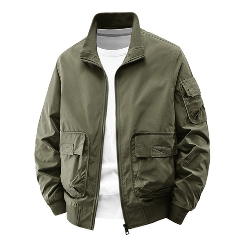 Chaqueta Bomber Casual para Hombre Cuello Alto Color Sólido Multi Bolsillos Cortavientos Suelto Chaqueta de Vuelo Abrigo