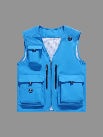 Men Multi Pocket Outdoor Fishing Photography Vest Polyester Mesh Lining V Neck Waistcoat Casual Workwear Utility Top For Hiking Travel