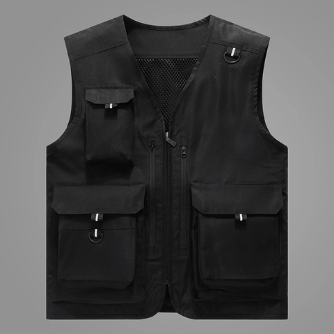 Men's Casual Multi-Pocket Vest Lightweight Outerwear V-Neck Zip Front Polyester Work Utility Vest For Outdoor Travel