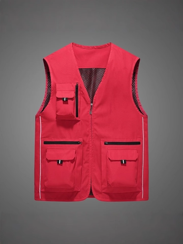 Men's Outdoor Utility Vest Multi Pocket Mesh Fishing Photography Waistcoat Quick Dry Cargo Sleeveless Jacket With Reflective Strips