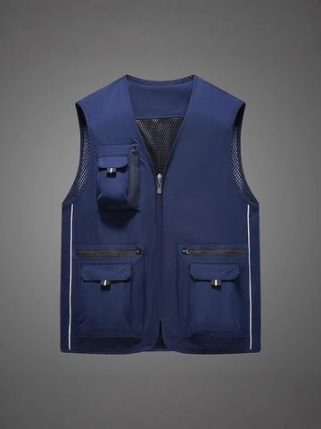Men's Outdoor Utility Vest Multi Pocket Mesh Fishing Photography Waistcoat Quick Dry Cargo Sleeveless Jacket With Reflective Strips