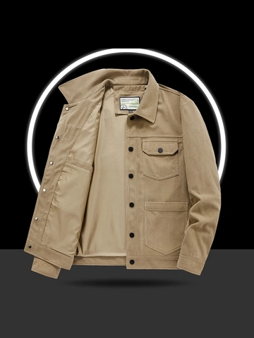 Men's Casual Corduroy Jacket Workwear Style Multi-Pocket Turndown Collar Single Breasted Loose Fit Solid Color Jacket Coat