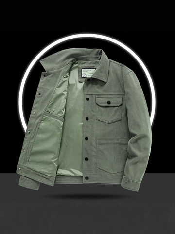 Men's Casual Corduroy Jacket Workwear Style Multi-Pocket Turndown Collar Single Breasted Loose Fit Solid Color Jacket Coat
