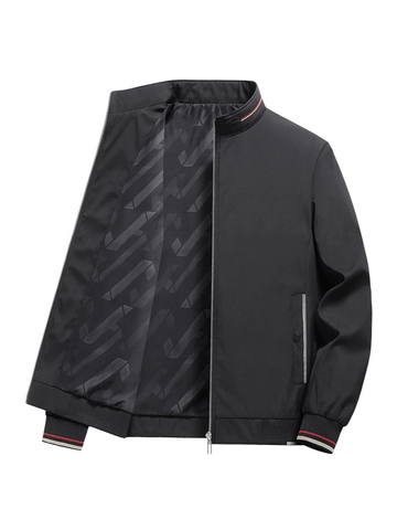 Veste Décontractée à Col Montant pour Hommes Polyester Coupe-vent Vêtement d'Extérieur Avec Bord-Côte Rayé Fermeture Éclair Manteau Léger pour Hommes