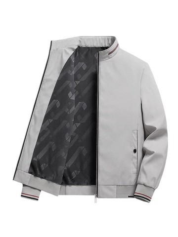 Veste Décontractée à Col Montant pour Hommes Polyester Coupe-vent Vêtement d'Extérieur Avec Bord-Côte Rayé Fermeture Éclair Manteau Léger pour Hommes