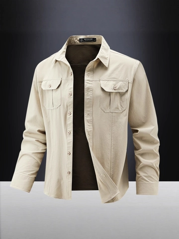 Men Long Sleeve Cargo Shirt High Elastic Outdoor Tactical Work Shirt Multi Pockets Solid Color Casual Comfortable Top Men