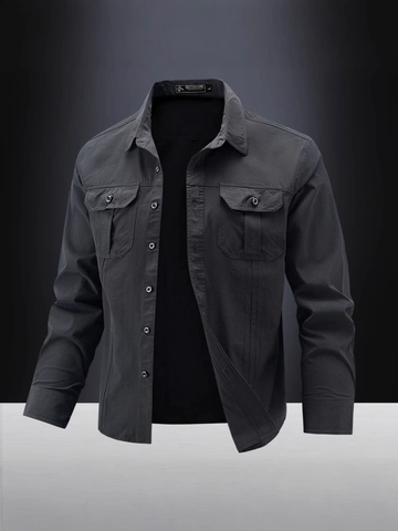Men Long Sleeve Cargo Shirt High Elastic Outdoor Tactical Work Shirt Multi Pockets Solid Color Casual Comfortable Top Men