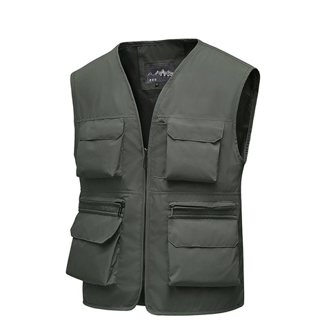 Men Outdoor Multi Pocket Utility Vest Polyester Mesh Lining Fishing Photography Workwear Sleeveless Jacket Casual Sporty Waistcoat