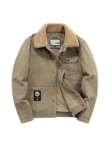 Men's Vintage Corduroy Jacket Sherpa Fleece Lining Winter Thickened Warm Workwear Coat With Fur Collar Loose Fit Padded Outerwear
