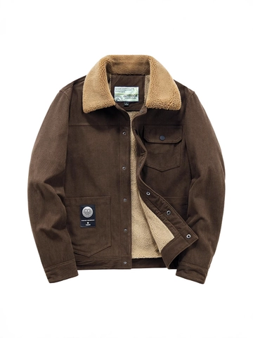 Men's Vintage Corduroy Jacket Sherpa Fleece Lining Winter Thickened Warm Workwear Coat With Fur Collar Loose Fit Padded Outerwear