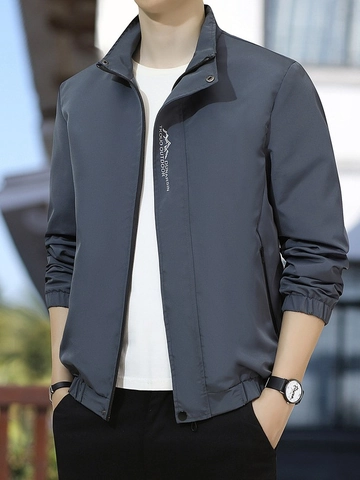 Men's Casual Jacket Outdoor Windbreaker Stand Collar Zip Up Solid Color Long Sleeve Spring Autumn Windproof Stylish Coat