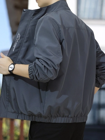 Men's Casual Jacket Outdoor Windbreaker Stand Collar Zip Up Solid Color Long Sleeve Spring Autumn Windproof Stylish Coat