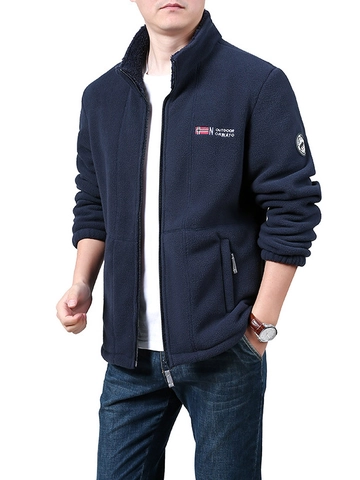 Men Outdoor Polar Fleece Jacket Stand Collar Zipper Warm Winter Coat With Embroidery Norway Flag Casual Windproof Outerwear