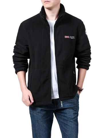 Men Outdoor Polar Fleece Jacket Stand Collar Zipper Warm Winter Coat With Embroidery Norway Flag Casual Windproof Outerwear