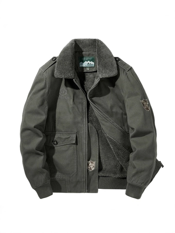 Men's Vintage Military Workwear Cotton Jacket Thickened Fleece Lined Padded Coat With Fur Collar Warm Winter Flight Jacket