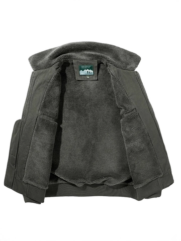 Men's Vintage Military Workwear Cotton Jacket Thickened Fleece Lined Padded Coat With Fur Collar Warm Winter Flight Jacket