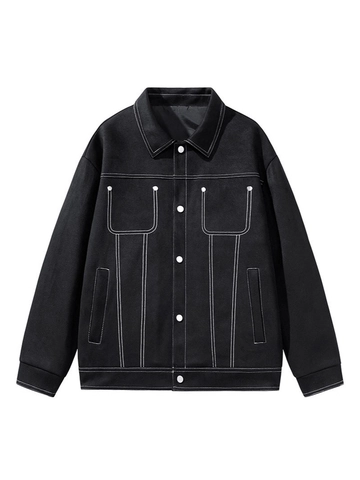 Men's Casual Suede Jacket Workwear Lapel Top With Contrast Stitching Streetwear Button Down Outerwear Coat