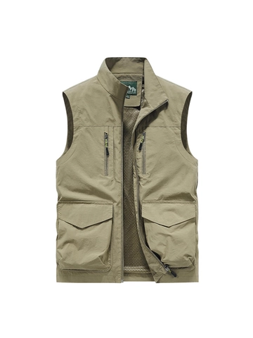 Men Outdoor Multi-Pocket Fishing Vest Quick Dry Utility Cargo Waistcoat Stand Collar Mesh Lining Photographer Gilet Jacket