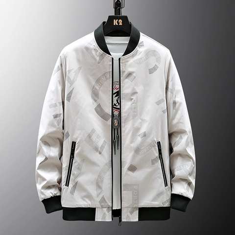 Giacca Bomber da Uomo Moda Stampa Lettere Integrale Collo in Piedi Tasche con Cerniera Poliesere Casual Streetwear Cappotto