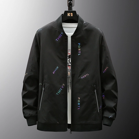 Giacca Bomber da Uomo Moda Stampa Lettere Integrale Collo in Piedi Tasche con Cerniera Poliesere Casual Streetwear Cappotto