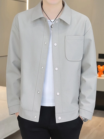 Herren Casual Hemdjacke Rippstruktur Umlegekragen Druckknopf Leicht Frühling Herbst Slim Fit Oberbekleidung Top