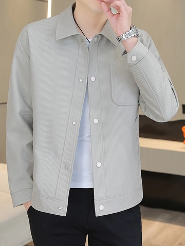 Herren Casual Hemdjacke Rippstruktur Umlegekragen Druckknopf Leicht Frühling Herbst Slim Fit Oberbekleidung Top