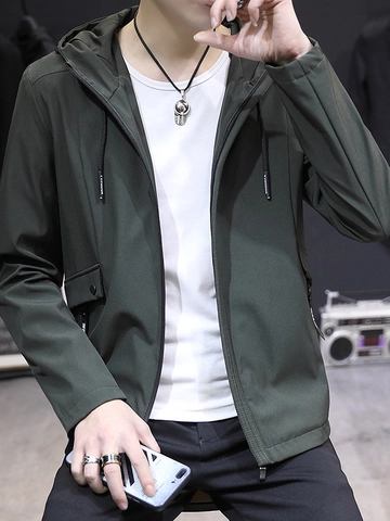 Men's Casual Slim Fit Hooded Jacket Lightweight Windproof Solid Color Long Sleeve Zip Up Outerwear Fashion Sports Coat