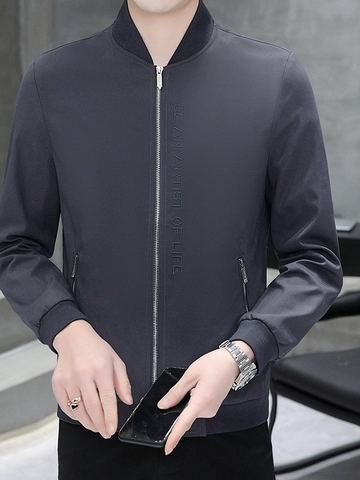 Men's Casual Bomber Jacket Stand Collar Slim Fit Solid Color Windbreaker Coat With Letter Embroidery Metal Zipper Outerwear