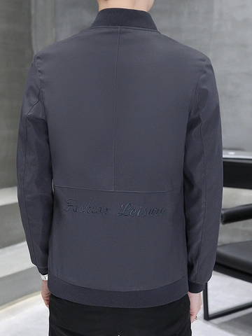 Men's Casual Bomber Jacket Stand Collar Slim Fit Solid Color Windbreaker Coat With Letter Embroidery Metal Zipper Outerwear