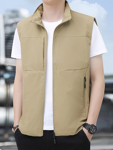 Gilet Uomo All'aperto Con Multi-tasche Collo In Piedi Cerniera Casual Antivento Gilet Leggero Escursionismo Pesca Giacca