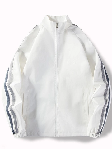 Men's British Style Casual Windproof Jacket Stand Collar Zipper Sportswear Urban Fashion Coat With Contrast Stripe Sleeve