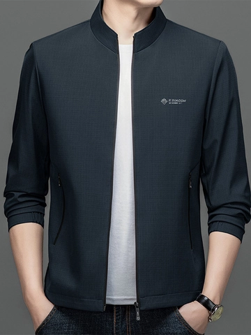 Men's Casual Stand Collar Jacket Windproof Waterproof Slim Fit Outerwear Solid Color Grid Texture Fashion Zipper Coat