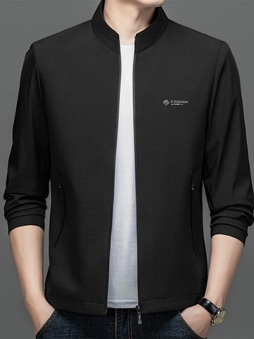 Men's Casual Stand Collar Jacket Windproof Waterproof Slim Fit Outerwear Solid Color Grid Texture Fashion Zipper Coat
