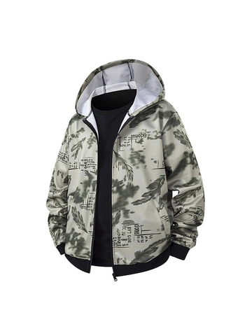 Herren Fashion Casual Kapuzenjacke Full Print Feder Buchstaben Muster Streetwear Winddicht Mantel Frühling Herbst Oberbekleidung
