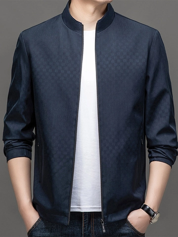 Giacca da Uomo Business Casual Collo alla Coreana Con Texture a Scacchi Primavera Autunno Antivento Cappotto
