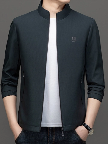 Chaqueta Casual de Negocios para Hombre con Cuello Alzado Moda Cremallera Cortavientos Ligero Ropa de Abrigo Con Textura Vertical Fina