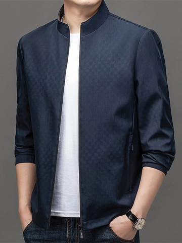 Giacca da Uomo Business Casual Collo alla Coreana Con Texture a Scacchi Primavera Autunno Antivento Cappotto