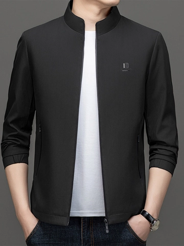 Chaqueta Casual de Negocios para Hombre con Cuello Alzado Moda Cremallera Cortavientos Ligero Ropa de Abrigo Con Textura Vertical Fina