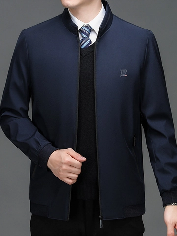 Men Business Casual Windproof Stand Collar Jacket Solid Color Polyester Zipper Outerwear With Ribbed Cuffs For Spring Autumn
