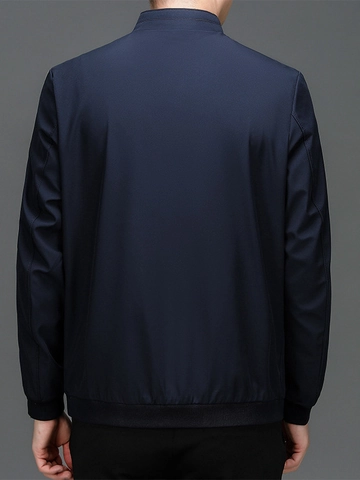 Men Business Casual Windproof Stand Collar Jacket Solid Color Polyester Zipper Outerwear With Ribbed Cuffs For Spring Autumn