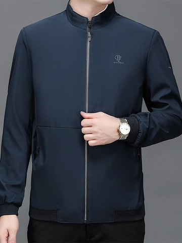 Men Business Casual Jacket Stand Collar Windproof Lightweight Jacket Solid Color Zip Up Outerwear Ribbed Cuff Coat