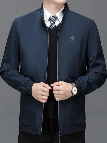 Men Business Casual Jacket Stand Collar Windproof Lightweight Jacket Solid Color Zip Up Outerwear Ribbed Cuff Coat