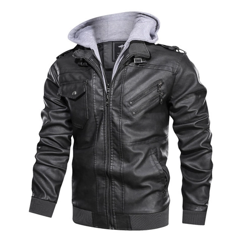 Veste en Cuir PU pour Homme Avec Capuche Amovible Fermeture Éclair Moto Motard Outwear Multi Poches Poignets Nervurés Manteau Décontracté