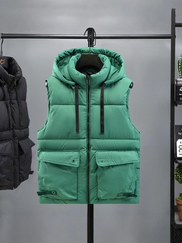 Men's Hooded Cotton Padded Vest Windproof Quilted Sleeveless Jacket With Large Cargo Pockets Solid Color Casual Outerwear