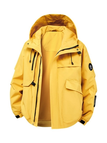 Men's Outdoor Hooded Jacket Waterproof Windproof Lightweight Sport Casual Mountaineering Coat Solid Color Outerwear For Hiking Camping