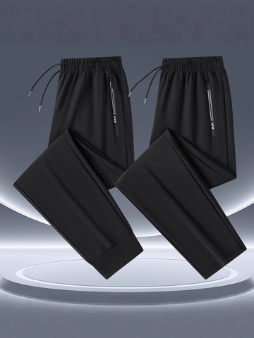 Men High Stretch Quick Dry Casual Pants Ice Silk Sports Joggers Zipper Pocket Drawstring Breathable Straight Leg Black Trousers