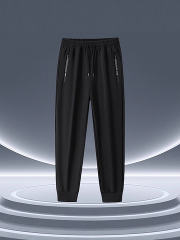 Men High Stretch Quick Dry Casual Pants Ice Silk Sports Joggers Zipper Pocket Drawstring Breathable Straight Leg Black Trousers